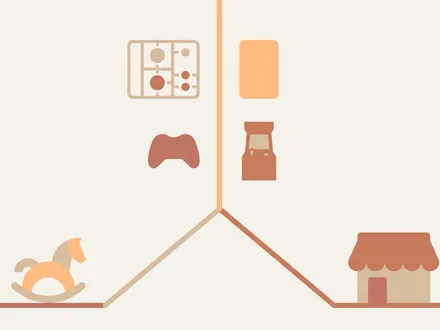 極簡幾何構圖的萬代南夢宮起源意象，低彩度赤陶、杏桃、砂米與暖陶土色的莫蘭迪色調。畫面左下是一匹由弧線組成的小搖搖木馬立在屋頂線上，右下是一間有扇貝邊遮陽棚的小店，兩條細線從兩側升起、在中央匯成一條直立的軸線；軸線上方兩側分布著塑膠模型框架、卡片、遊戲手把與大型機台四個小圖形。大面積暖米白留白，整體平面化、無漸層、無文字。