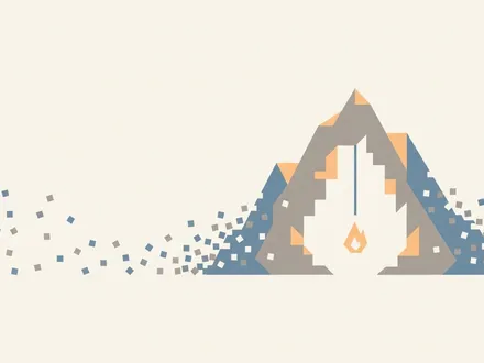 極簡幾何插畫：兩百餘個散落的小方塊從四周向中心聚攏，拼合成一座完整的幾何山形，象徵被財閥解體拆散又自行重組的三井物產；山體內部藏著一條向下延伸的礦脈細線與一滴幾何化的天然氣火焰，暗示它復活後賭向地底資源的命運；背景以低飽和霧藍、暖灰與淺橙構成，大面積留白