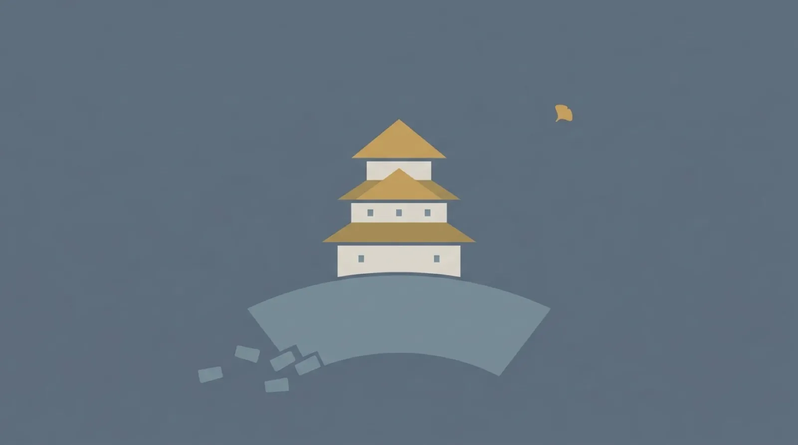 極簡幾何插畫：以堆疊方塊與層疊屋頂構成的熊本城天守閣，立於扇形反捲的『武者返』石垣之上，牆腳數塊石塊正飄回歸位，輔以一枚赭黃銀杏葉，象徵熊本城從 2016 震災到重新疊回的復興韌性