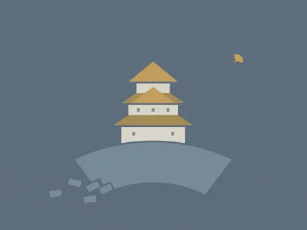 極簡幾何插畫：以堆疊方塊與層疊屋頂構成的熊本城天守閣，立於扇形反捲的『武者返』石垣之上，牆腳數塊石塊正飄回歸位，輔以一枚赭黃銀杏葉，象徵熊本城從 2016 震災到重新疊回的復興韌性