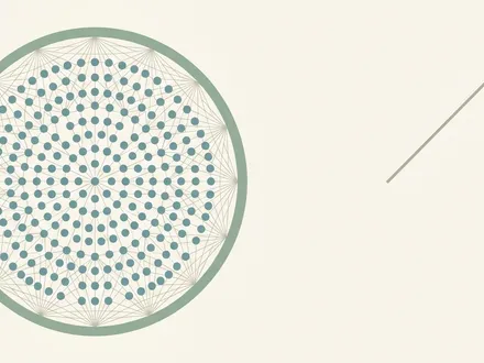 極簡幾何插畫：畫面中央一個圓形光纜剖面，內部由大量規則排列的極小圓點構成（象徵 6,912 芯超高密度光纖），圓點之間以極細的蜘蛛網狀線條間歇相連（象徵 SWR 蜘蛛網光纖帶）；圓形右側一道向右上揚起的細箭頭（象徵漲價與獲利噴發）；霧藍、暖赭與暖灰的莫蘭迪色系，暖米白背景，大面積留白，flat design，非書本。