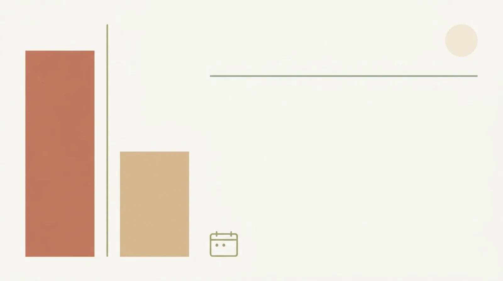 極簡幾何構圖——左側兩根高低不同的長方體（赤陶色高柱、沙色矮柱）以細直線分隔，象徵日本不動產短期 39.63% 與長期 20.315% 讓渡所得稅率的劇烈落差；右下角一個小日曆圖示呼應「1 月 1 日基準日」這個容易被忽略的時間陷阱