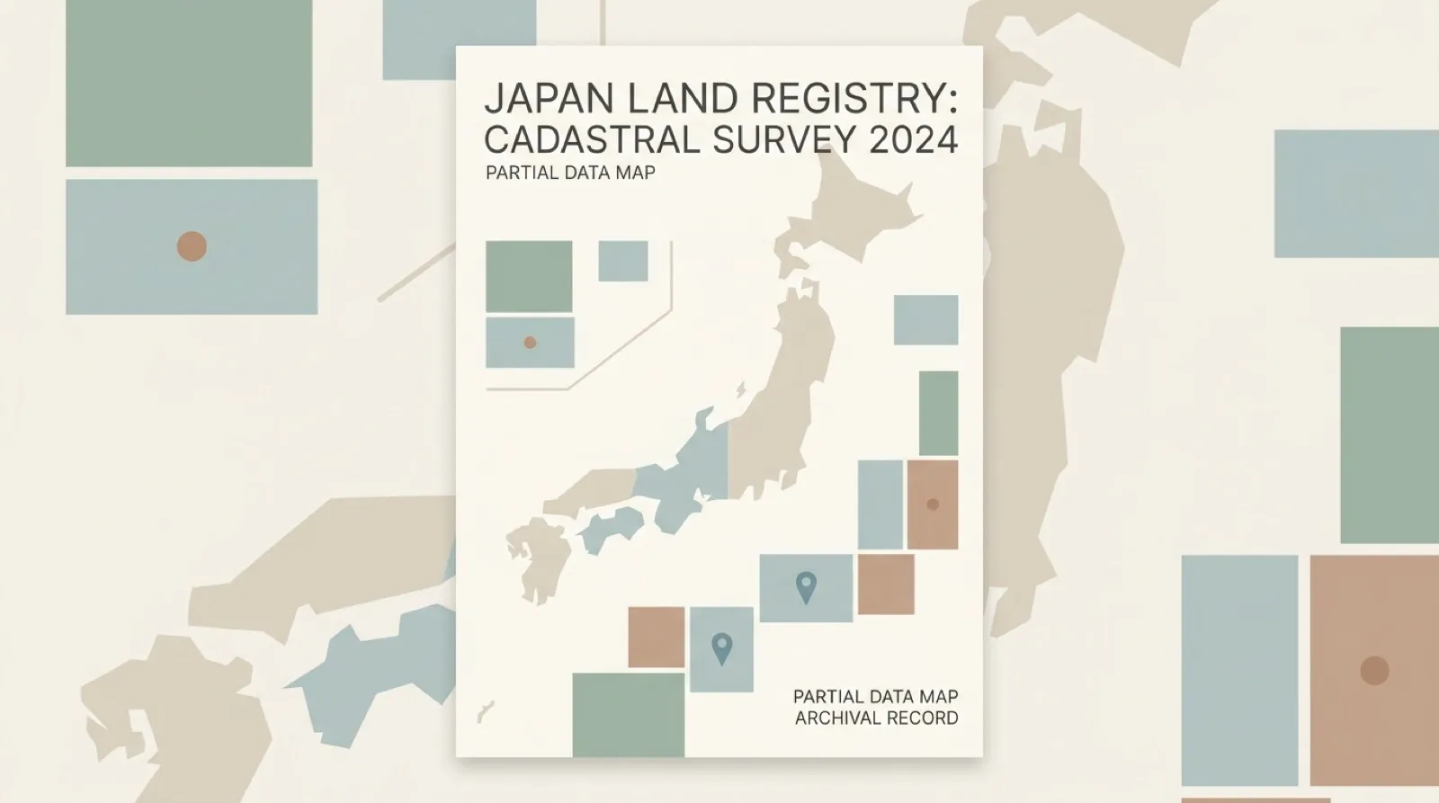 日本不動產登記制度改革極簡幾何插畫——俯視地籍格網中多數方塊留白代表未識別土地、少數標註圖釘代表已登記，襯以日本群島輪廓幾何化暗示，以塵霧鼠尾草綠與暖米白 Morandi 同色系呈現政府繪製不動產資料地圖的政策意象