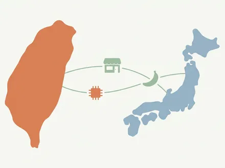 極簡幾何插畫：一枚台灣島輪廓的柔和色塊，與一枚日本列島色塊之間，由數條細線串起便利商店、晶片、香蕉等高度簡化的幾何符號，象徵伊藤忠透過全家、半導體與食品深度連結台日兩地；以低飽和霧藍、灰綠與暖橙構成，大面積留白