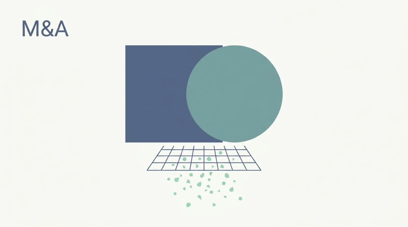 M&A 字樣與網格中的圓球與散落顆粒——象徵 2026 年建設業二極化的分水嶺